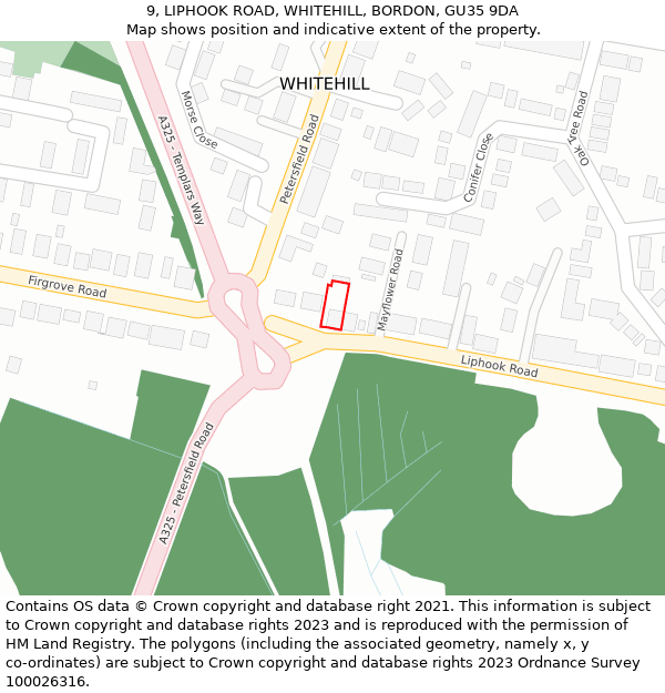 9, LIPHOOK ROAD, WHITEHILL, BORDON, GU35 9DA: Location map and indicative extent of plot