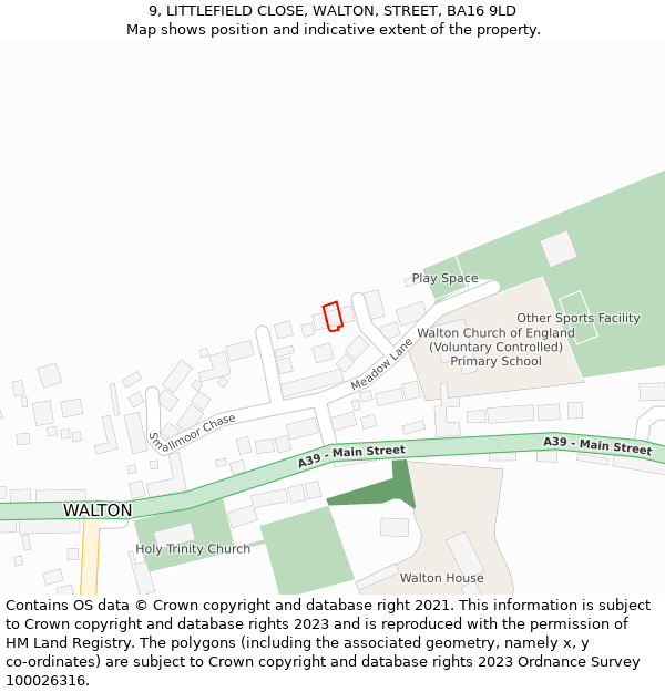 9, LITTLEFIELD CLOSE, WALTON, STREET, BA16 9LD: Location map and indicative extent of plot