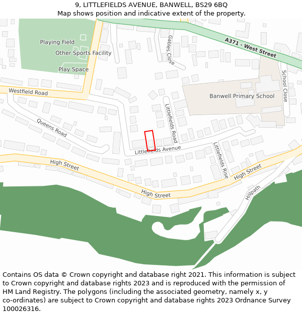 9, LITTLEFIELDS AVENUE, BANWELL, BS29 6BQ: Location map and indicative extent of plot