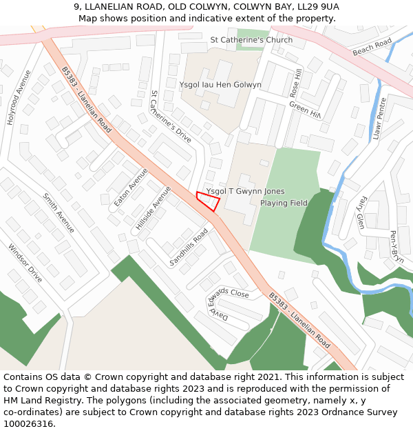 9, LLANELIAN ROAD, OLD COLWYN, COLWYN BAY, LL29 9UA: Location map and indicative extent of plot
