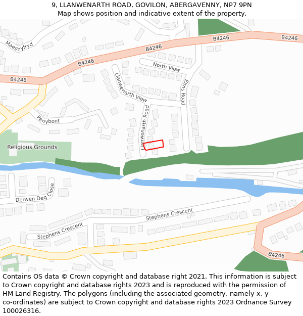 9, LLANWENARTH ROAD, GOVILON, ABERGAVENNY, NP7 9PN: Location map and indicative extent of plot