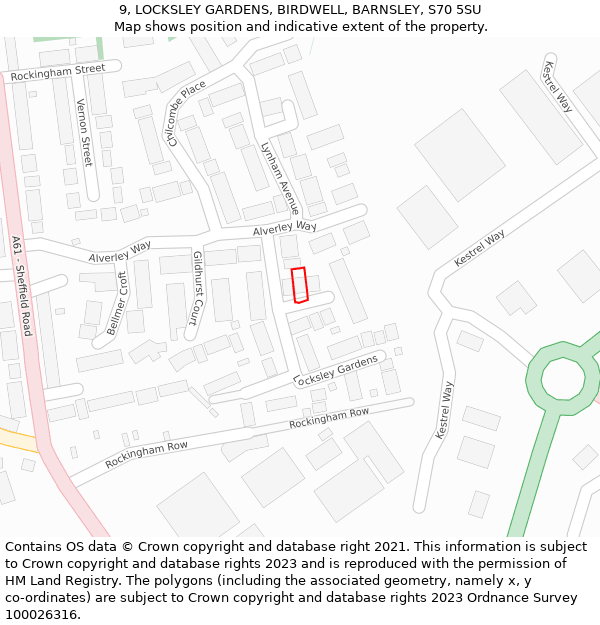 9, LOCKSLEY GARDENS, BIRDWELL, BARNSLEY, S70 5SU: Location map and indicative extent of plot