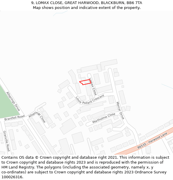 9, LOMAX CLOSE, GREAT HARWOOD, BLACKBURN, BB6 7TA: Location map and indicative extent of plot
