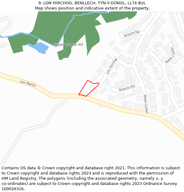 9, LON FARCHOG, BENLLECH, TYN-Y-GONGL, LL74 8UL: Location map and indicative extent of plot