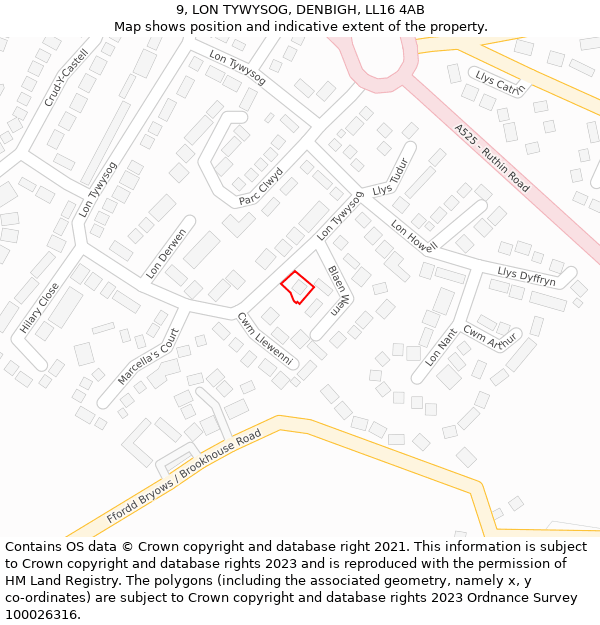 9, LON TYWYSOG, DENBIGH, LL16 4AB: Location map and indicative extent of plot