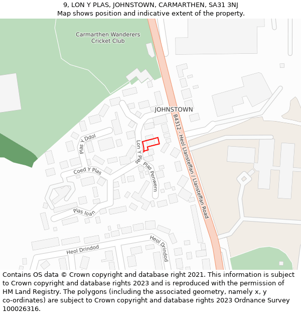 9, LON Y PLAS, JOHNSTOWN, CARMARTHEN, SA31 3NJ: Location map and indicative extent of plot