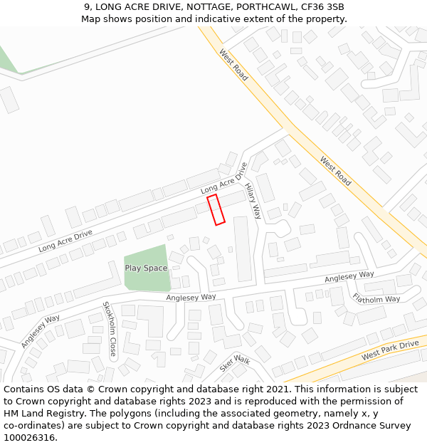 9, LONG ACRE DRIVE, NOTTAGE, PORTHCAWL, CF36 3SB: Location map and indicative extent of plot