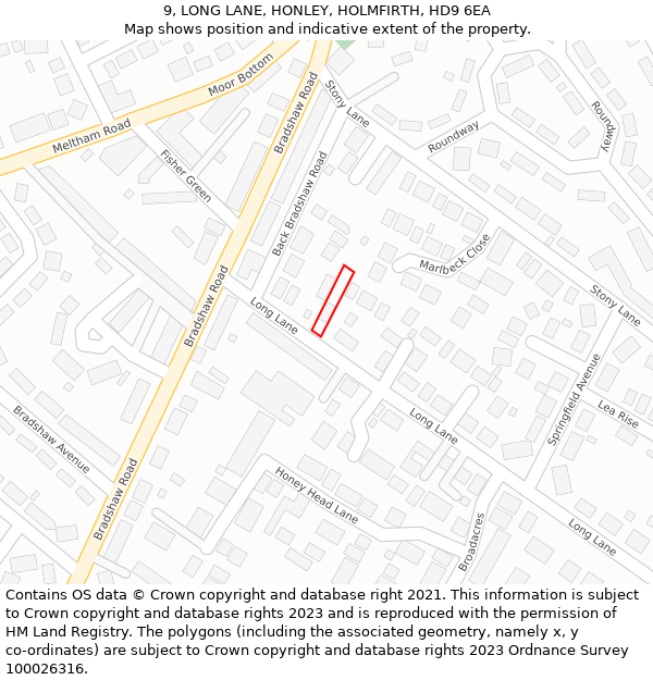 9, LONG LANE, HONLEY, HOLMFIRTH, HD9 6EA: Location map and indicative extent of plot