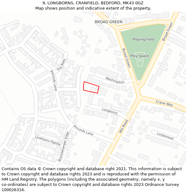 9, LONGBORNS, CRANFIELD, BEDFORD, MK43 0GZ: Location map and indicative extent of plot