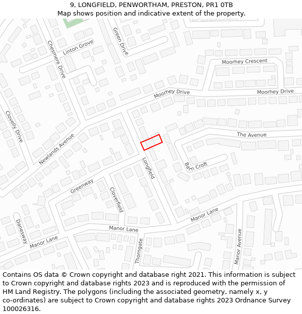 9, LONGFIELD, PENWORTHAM, PRESTON, PR1 0TB: Location map and indicative extent of plot