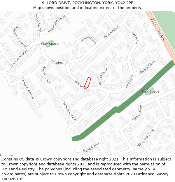 9, LORD DRIVE, POCKLINGTON, YORK, YO42 2PB: Location map and indicative extent of plot