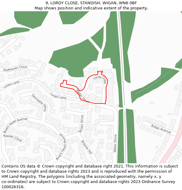 9, LORDY CLOSE, STANDISH, WIGAN, WN6 0BF: Location map and indicative extent of plot