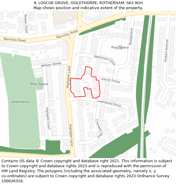 9, LOSCOE GROVE, GOLDTHORPE, ROTHERHAM, S63 9GH: Location map and indicative extent of plot