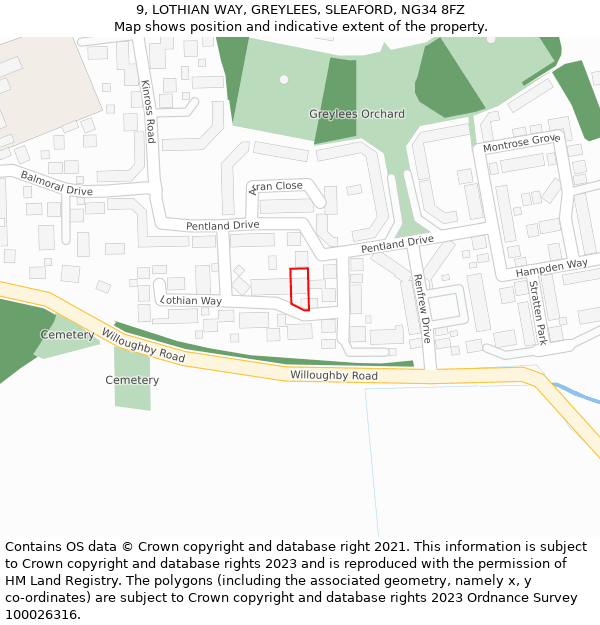 9, LOTHIAN WAY, GREYLEES, SLEAFORD, NG34 8FZ: Location map and indicative extent of plot