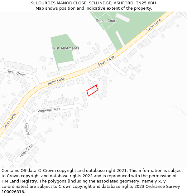9, LOURDES MANOR CLOSE, SELLINDGE, ASHFORD, TN25 6BU: Location map and indicative extent of plot