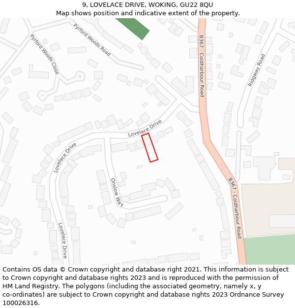 9, LOVELACE DRIVE, WOKING, GU22 8QU: Location map and indicative extent of plot