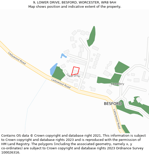 9, LOWER DRIVE, BESFORD, WORCESTER, WR8 9AH: Location map and indicative extent of plot