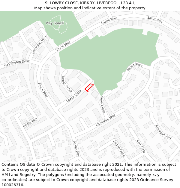 9, LOWRY CLOSE, KIRKBY, LIVERPOOL, L33 4HJ: Location map and indicative extent of plot