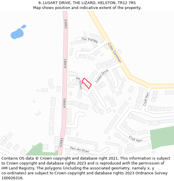 9, LUSART DRIVE, THE LIZARD, HELSTON, TR12 7RS: Location map and indicative extent of plot