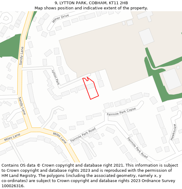 9, LYTTON PARK, COBHAM, KT11 2HB: Location map and indicative extent of plot