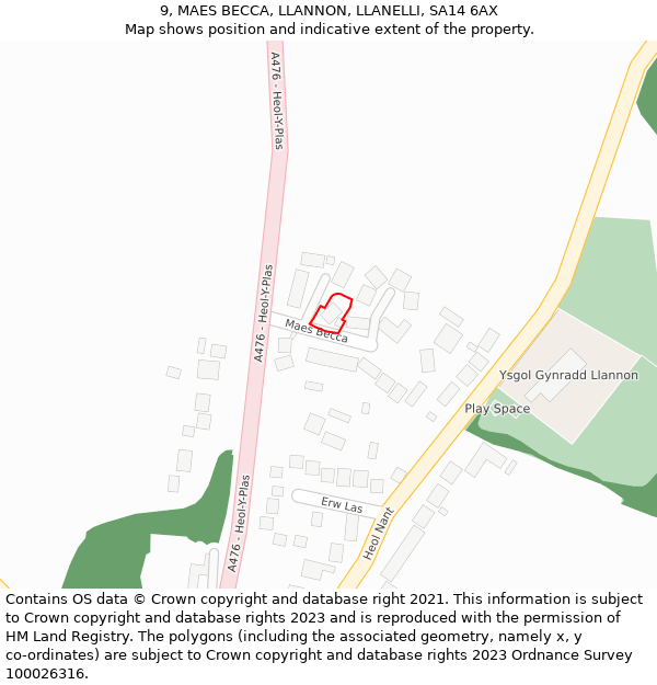 9, MAES BECCA, LLANNON, LLANELLI, SA14 6AX: Location map and indicative extent of plot