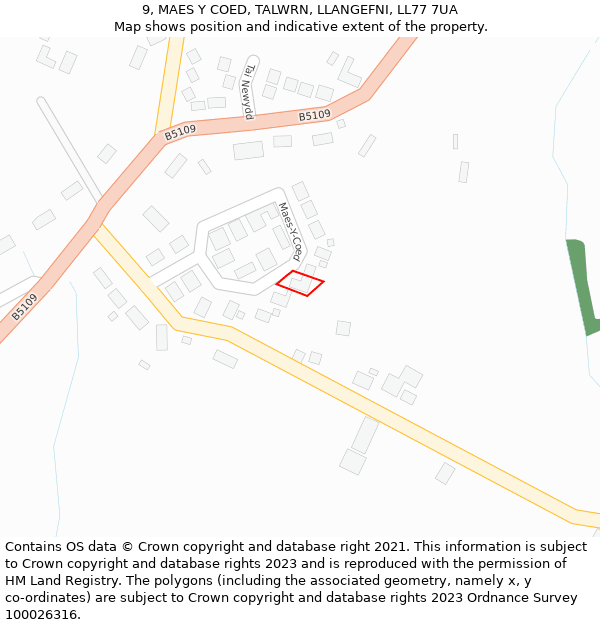 9, MAES Y COED, TALWRN, LLANGEFNI, LL77 7UA: Location map and indicative extent of plot