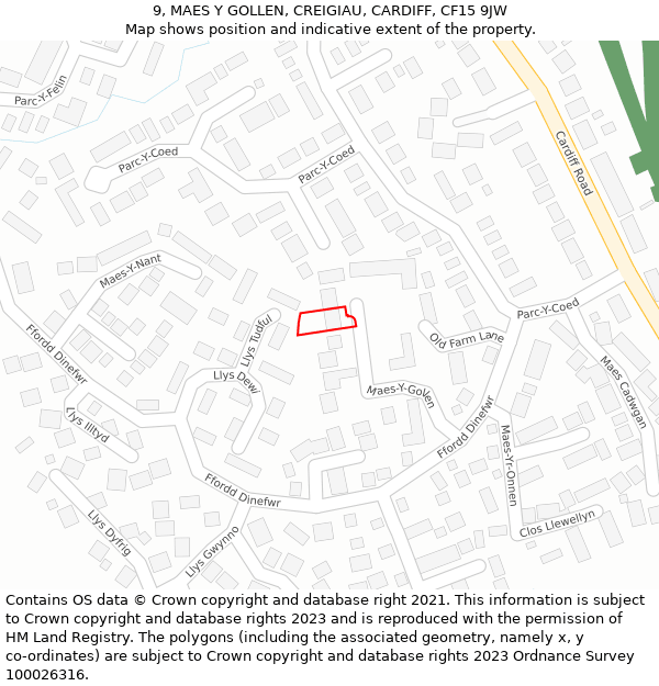 9, MAES Y GOLLEN, CREIGIAU, CARDIFF, CF15 9JW: Location map and indicative extent of plot