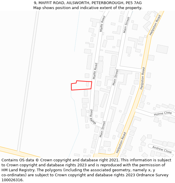 9, MAFFIT ROAD, AILSWORTH, PETERBOROUGH, PE5 7AG: Location map and indicative extent of plot