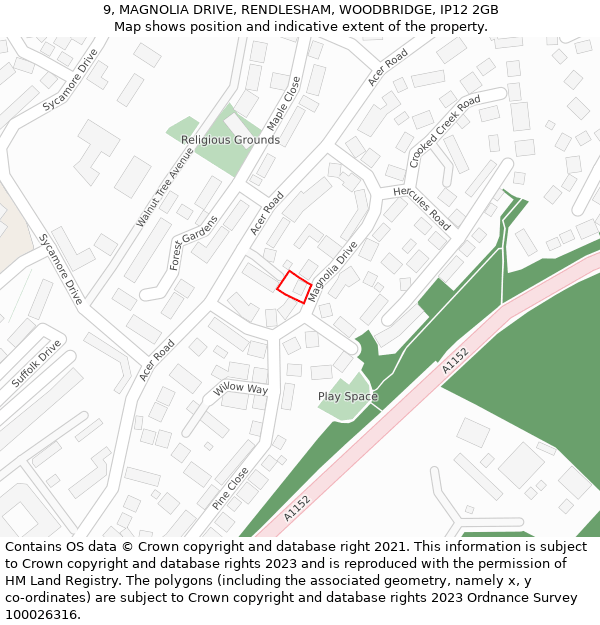 9, MAGNOLIA DRIVE, RENDLESHAM, WOODBRIDGE, IP12 2GB: Location map and indicative extent of plot
