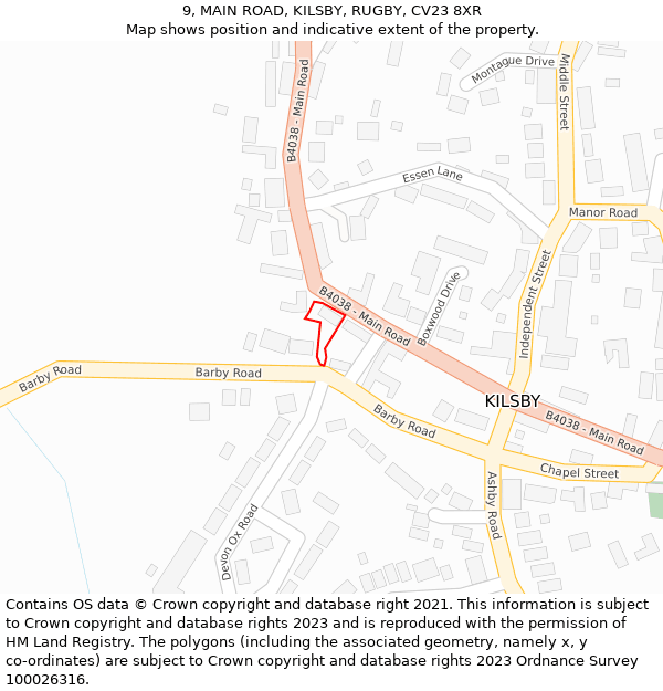 9, MAIN ROAD, KILSBY, RUGBY, CV23 8XR: Location map and indicative extent of plot