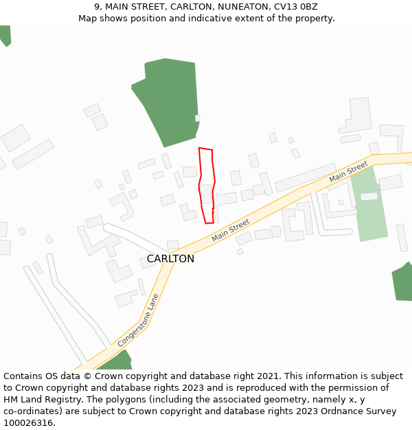 9, MAIN STREET, CARLTON, NUNEATON, CV13 0BZ: Location map and indicative extent of plot