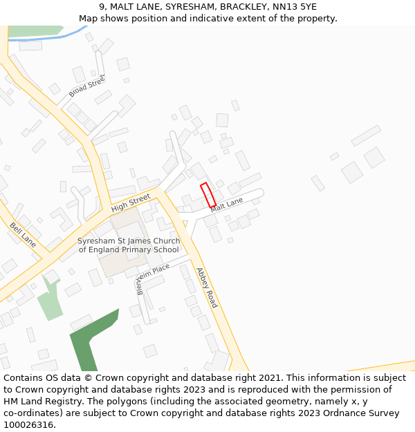 9, MALT LANE, SYRESHAM, BRACKLEY, NN13 5YE: Location map and indicative extent of plot