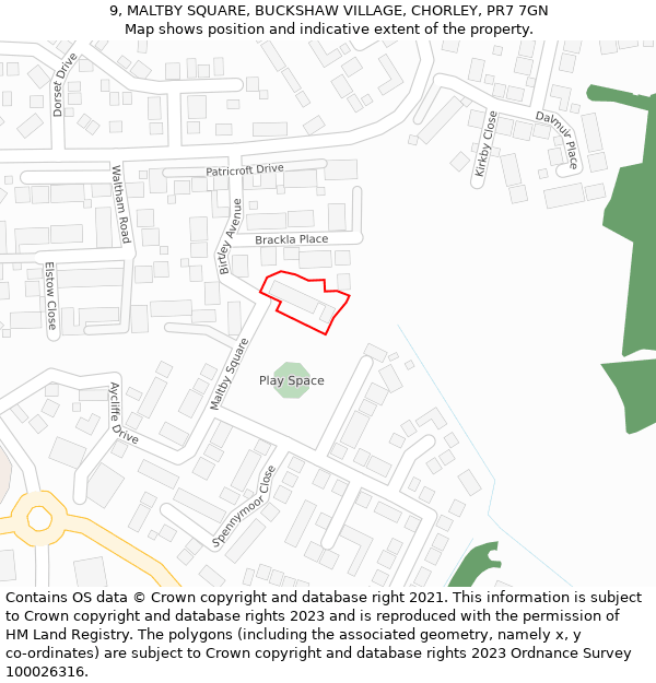 9, MALTBY SQUARE, BUCKSHAW VILLAGE, CHORLEY, PR7 7GN: Location map and indicative extent of plot