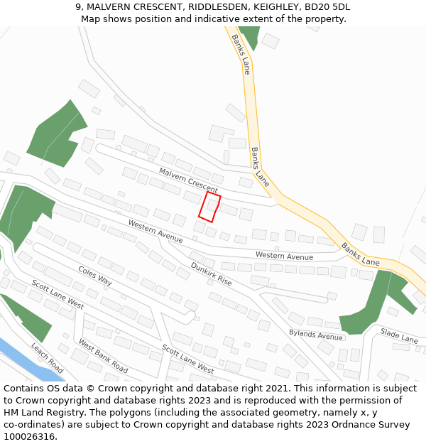 9, MALVERN CRESCENT, RIDDLESDEN, KEIGHLEY, BD20 5DL: Location map and indicative extent of plot