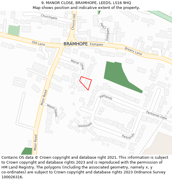 9, MANOR CLOSE, BRAMHOPE, LEEDS, LS16 9HQ: Location map and indicative extent of plot
