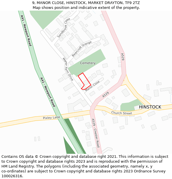 9, MANOR CLOSE, HINSTOCK, MARKET DRAYTON, TF9 2TZ: Location map and indicative extent of plot