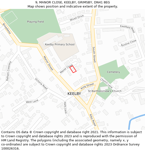 9, MANOR CLOSE, KEELBY, GRIMSBY, DN41 8EG: Location map and indicative extent of plot