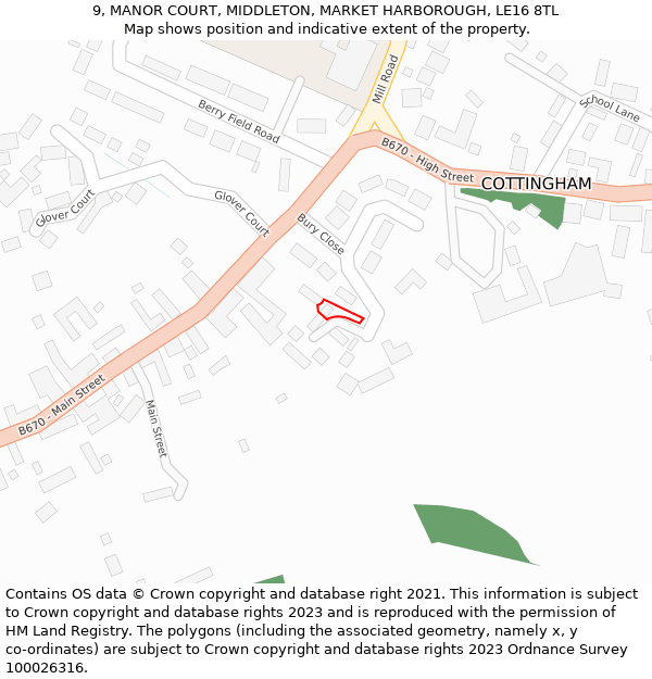 9, MANOR COURT, MIDDLETON, MARKET HARBOROUGH, LE16 8TL: Location map and indicative extent of plot