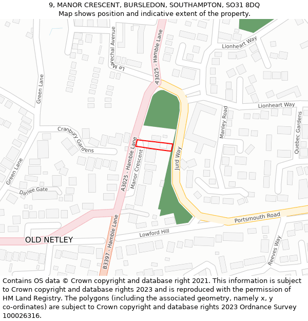 9, MANOR CRESCENT, BURSLEDON, SOUTHAMPTON, SO31 8DQ: Location map and indicative extent of plot