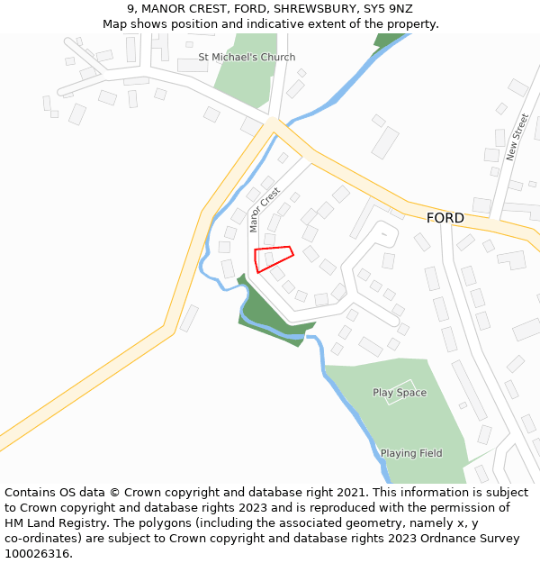 9, MANOR CREST, FORD, SHREWSBURY, SY5 9NZ: Location map and indicative extent of plot