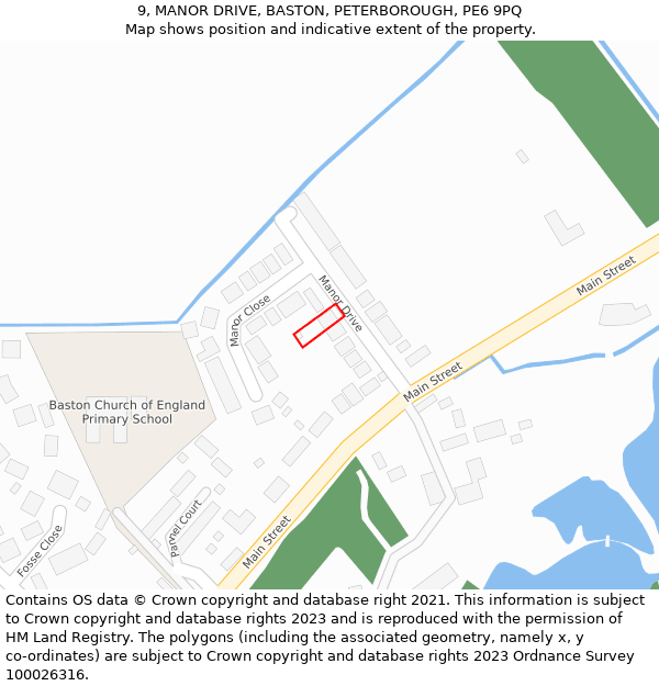 9, MANOR DRIVE, BASTON, PETERBOROUGH, PE6 9PQ: Location map and indicative extent of plot
