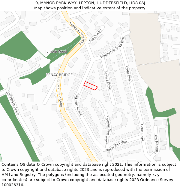 9, MANOR PARK WAY, LEPTON, HUDDERSFIELD, HD8 0AJ: Location map and indicative extent of plot