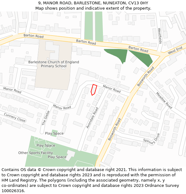 9, MANOR ROAD, BARLESTONE, NUNEATON, CV13 0HY: Location map and indicative extent of plot