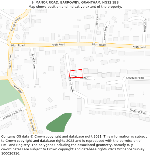 9, MANOR ROAD, BARROWBY, GRANTHAM, NG32 1BB: Location map and indicative extent of plot