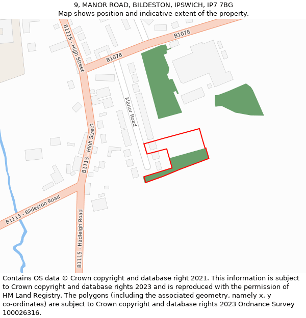 9, MANOR ROAD, BILDESTON, IPSWICH, IP7 7BG: Location map and indicative extent of plot