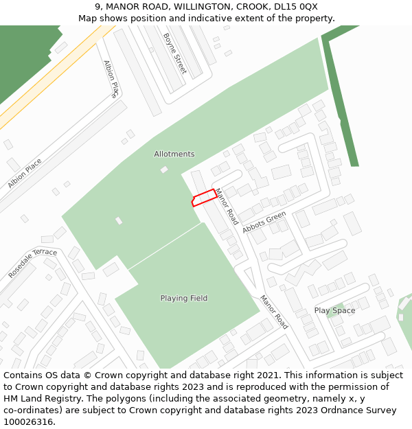 9, MANOR ROAD, WILLINGTON, CROOK, DL15 0QX: Location map and indicative extent of plot
