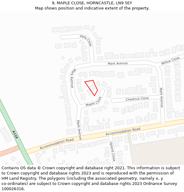 9, MAPLE CLOSE, HORNCASTLE, LN9 5EY: Location map and indicative extent of plot