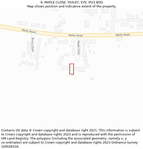 9, MAPLE CLOSE, YAXLEY, EYE, IP23 8DQ: Location map and indicative extent of plot