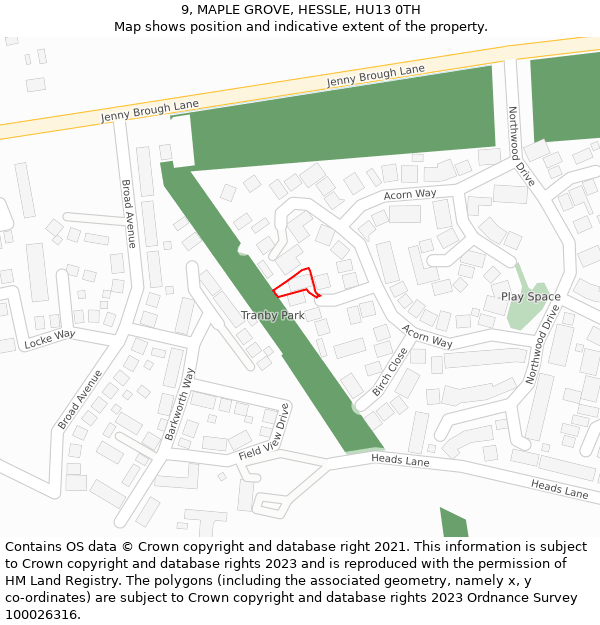 9, MAPLE GROVE, HESSLE, HU13 0TH: Location map and indicative extent of plot