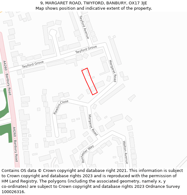 9, MARGARET ROAD, TWYFORD, BANBURY, OX17 3JE: Location map and indicative extent of plot